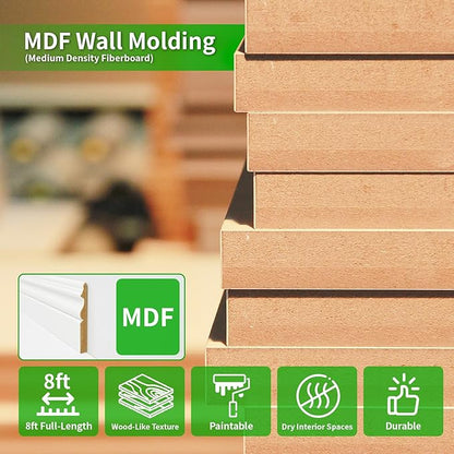 Art3d 8 Pack, 8 ft Each (64 ft Total) MDF Baseboard Wall Molding Trim, Skirting Board Panels, 4.17 in. High, Paintable, Warp-Resistant, Easy Installation for Living Room, Bedroom and Office (White)