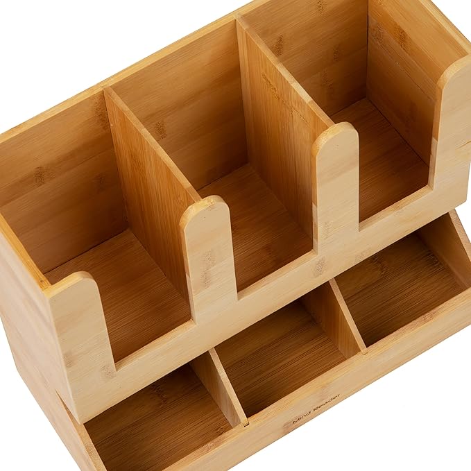 Mind Reader Cup and Condiment Station, Countertop Organizer, Coffee Bar, Kitchen, Bamboo, 13.625"L x 6.75"W x 11.5"H, Brown