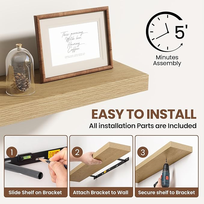 72 Inch Floating Shelves for Wall 2 Pack, 72" Wall Shelves for Books, Storage, Decor, Wall Mounted Floating Shelf with Invisible Brackets for Kitchen, Living Room, Oak
