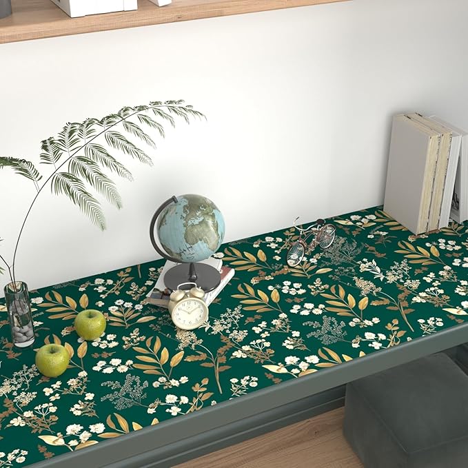 Dark Green Floral Wallpaper Peel and Stick Green Golden Leaf Wallpaper Vintage Floral Contact Paper Waterproof Self Adhesive Boho Delicate Wall Paper for Cabinet Rooms Desk Locker 17.5in x32.8ft