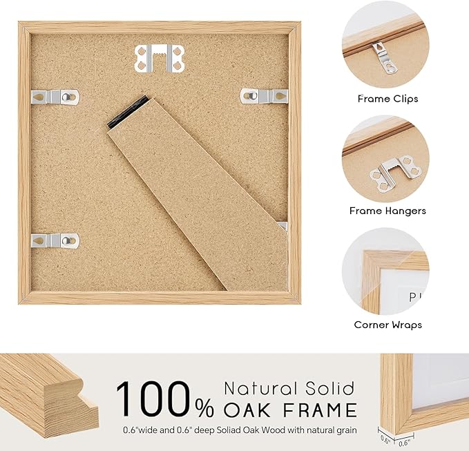 puthiac 6x6 Solid Oak Wood Picture Frame, Fits 4x4 with Mat or 6x6 Without Mat, Wall or Tabletop Display with Stand, Plexi Front, 3 Pack, Natural Oak