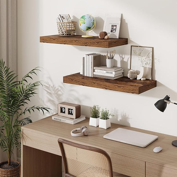 Fun Memories 12 Inch Deep Floating Shelves for Wall, 30 Inch Long Floating Shelf, 30 x 12 Shelf for Wall, Rustic Wood Bookshelves, Hanging Shelves for Bathroom Kitchen Bedroom, Rustic Brown, Set of 2