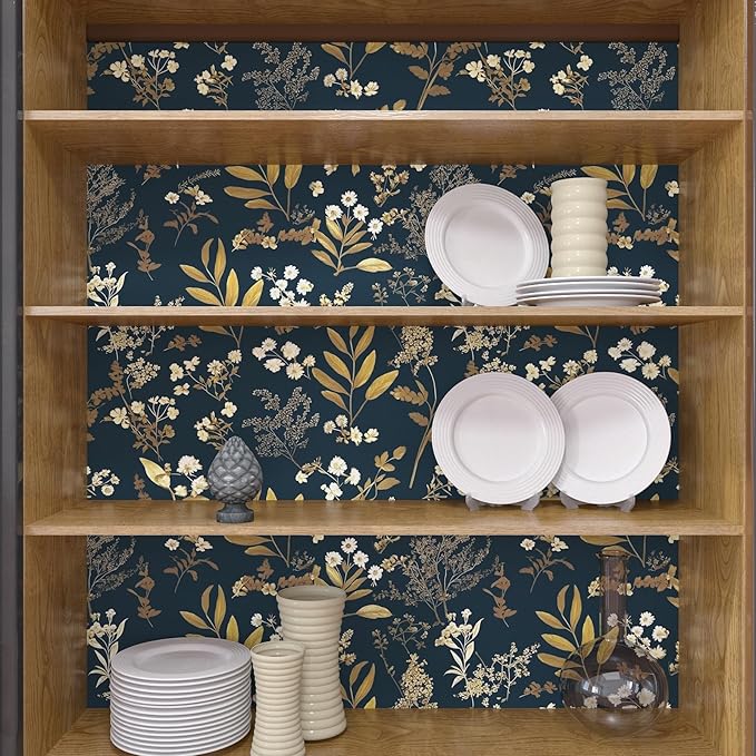 Dark Blue Leaf Wallpaper Peel and Stick Dark Floral Wallpaper for Bedroom Vintage Leaf Contact Paper Waterproof Self Adhesive Boho Floral Wall Paper for Bedroom Walls Countertop 17.5in x 393in