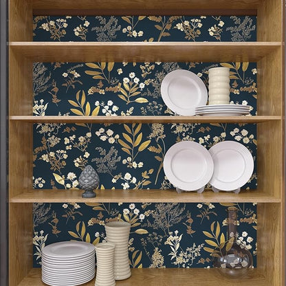 Dark Blue Leaf Wallpaper Peel and Stick Dark Floral Wallpaper for Bedroom Vintage Leaf Contact Paper Waterproof Self Adhesive Boho Floral Wall Paper for Bedroom Walls Countertop 17.5in x 118in