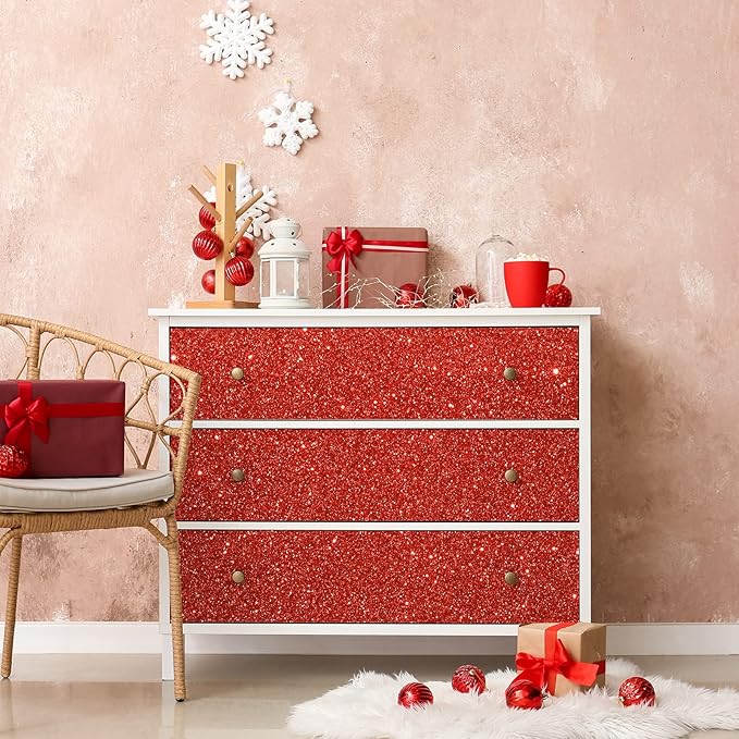 CHIHUT 15.7''x236'' Shiny Red Glitter Wallpaper Stick and Peel for Bedroom Walls Self Adhesive Removable Fabric Glitter Contact Paper for Drawers Decorative Glitter Wall Paper Roll for Gift Dresser