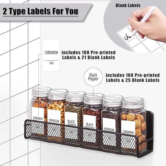 Churboro Magnetic Spice Rack for Refrigerator with Spice Jars- Includes 24 Pcs 4 OZ Seasoning Containers with Labels, 4 Space-Saving Magnetic Shelf for fridge- Perfect for Small Kitchens, Apartments