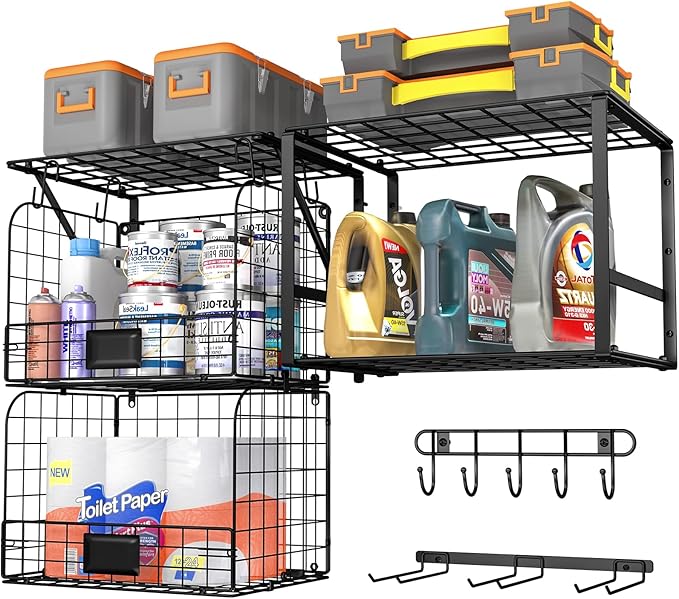 Garage Shelf Wall Mounted with Wire baskets, Heavy Duty Garage Wall Shelving with Garden Tool Rack and Hooks, Wire Shelf Baskets Tool Organizer for Home Garden Yard Organization and Storage