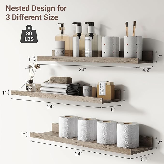 Axeman Picture Ledge Shelf | 24 Inch Grey Floating Shelves Set of 3 | Rustic Grey Wall Shelves with Lip | 24
