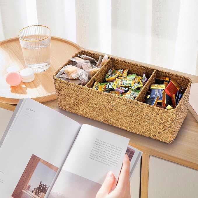 ELLDOO Woven Seagrass Wicker Rattan Storage Basket, Large Capacity Coffee Pod Holder Organizer for K Cup Nespresso Pods, 3-Section Seagrass Storage Box for Coffee bar Shelves Kitchen Cabinets,Brown