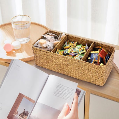 ELLDOO Woven Seagrass Wicker Rattan Storage Basket, Large Capacity Coffee Pod Holder Organizer for K Cup Nespresso Pods, 3-Section Seagrass Storage Box for Coffee bar Shelves Kitchen Cabinets,Brown