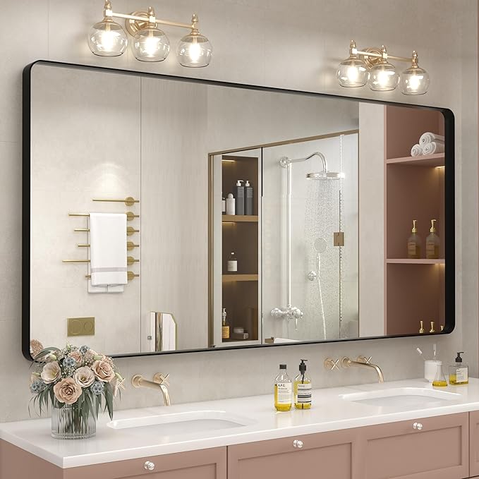 66x40 Inch Black Metal Framed Bathrrom Mirror for Wall, Large Black Matte Rounded Rectangle Bathroom Vanity Mirror, Anti-Rust, Shatterproof, Hangs Horizontally or Vertically
