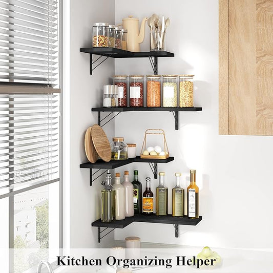 Love-KANKEI Corner Shelf Wall Mounted,Floating Wall Shelves for Storage,Rustic Wood Hanging Shelves for Display,Bathroom Kitchen Bedroom Living Room,Set of 4,Black