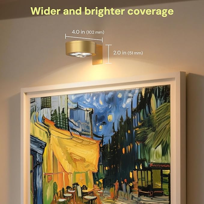 L LOHAS LED Gold 3Pcs Battery Operated Picture Light, Magnetic LED Painting Light with Remote, Dimmable and Timer, Art Display Light for Picture Frame Paintings, Wireless Wall Decor Puck Lights, 3CCT