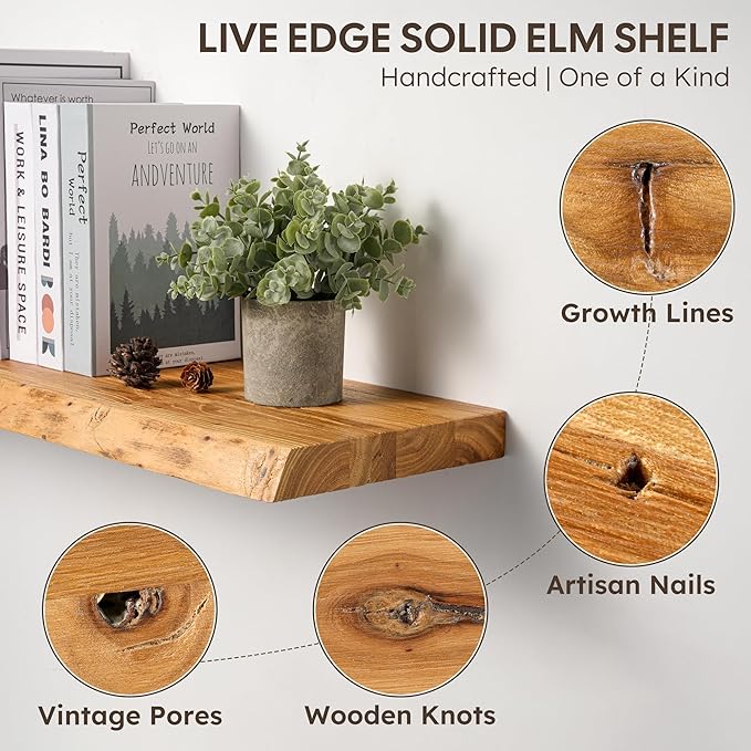 Live Edge Floating Shelf, 40 Inch Rustic Solid Elm Wood - Natural Wood Tone with Invisible Brackets, Wall Mounted for Living Room, Kitchen, Bathroom