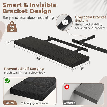 30 Inch Floating Shelves for Wall Set of 2, 8"D Wood Grain Bathroom Shelves with Invisible Brackets, Easy Install Engineered Wood Storage Shelves for Kitchen, Living Room, Bedroom, Black Finish