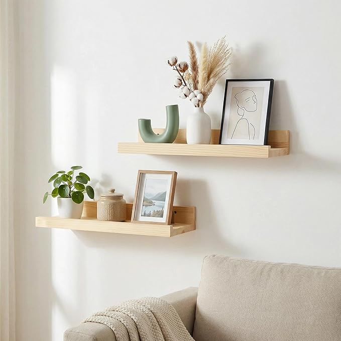 Z metnal Small Decor Shelves, Mini Floating Wooden Display Wall Shelf for Smart Speaker WiFi Collectables, Sauna Shelves, Wood, Wall Mounted, 12 x 5.5inch, 2 Pack