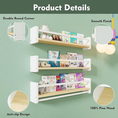 Nursery Floating Bookshelf for Kids, Wall Mounted Kids Book Shelf with Toy Storage, Pine Wood Nursery Shelves for Playroom, Bedroom, Toddler Room, Set of 3 (Pine & White, 15.8 Inches)
