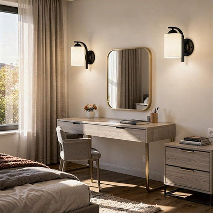 2-Pack Wall Sconces for Bedroom and Bathroom, Matte Black Farmhouse Wall Light Fixtures with Glass Shade, Modern Vanity Wall Lamps for Living Room, Hallway, Kitchen
