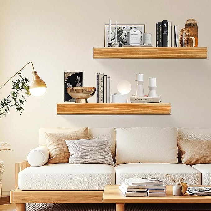 32 Inch Picture Ledge Shelf with Lip,Floating Shelves for Wall, Set of 2 Solid Pine Wood Shelves with Invisible Brackets, Wall Storage for Living Room, Bedroom, Kitchen, Bathroom(Carbonized Brown)