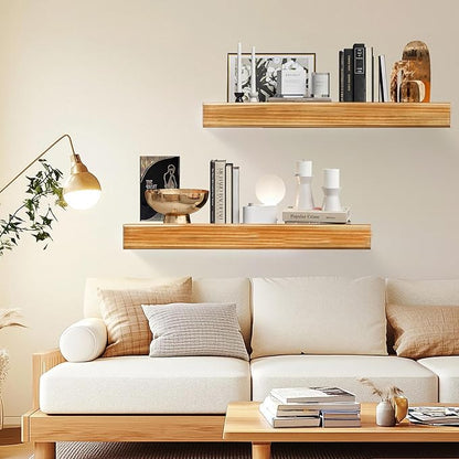 32 Inch Picture Ledge Shelf with Lip,Floating Shelves for Wall, Set of 2 Solid Pine Wood Shelves with Invisible Brackets, Wall Storage for Living Room, Bedroom, Kitchen, Bathroom(Carbonized Brown)