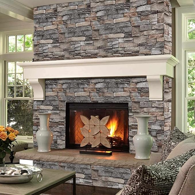 Abyssaly Brick Wallpaper Peel and Stick Faux Stone Brick Stick on Wallpaper 23.6" X 118" Thick Removable Wall Paper Contact Paper Self-Adhesive Home Decoration Fireplace Shelf Paper