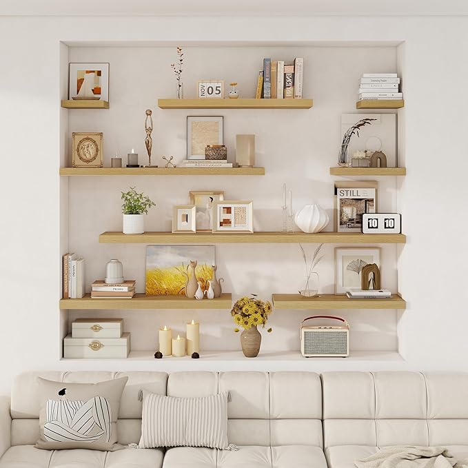 Fun Memories Deep Floating Shelves, 36" W x 12" D Wood Floating Shelves for Wall, 2 Pack Extra Deeper & Thicker Wall Mounted Storage Shelf for Living Room Laundry Room Kitchen Home Office, Oak
