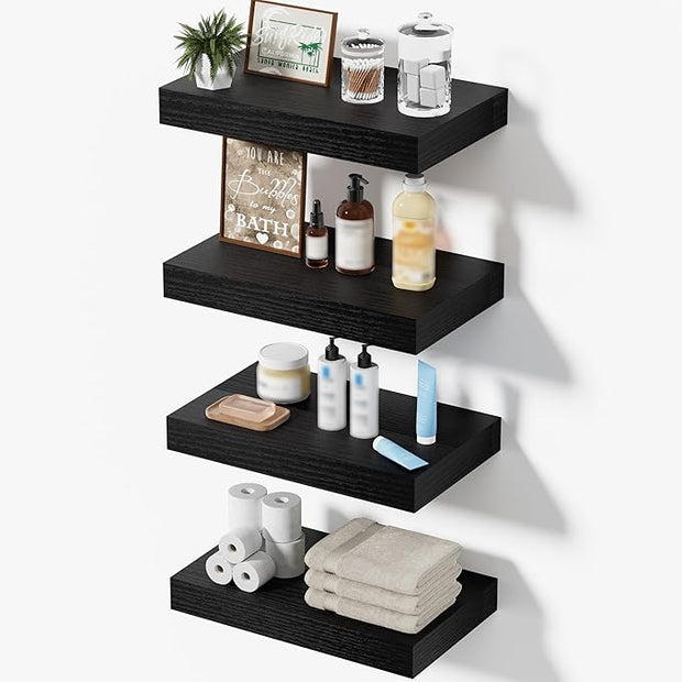 Floating Shelves for Wall, Bathroom Shelves Over Toilet, Wall Shelves & Book Shelf for Room, Hanging Shelf, Modern Wooden Wall-Mounted Small Floating Shelves, 12x7x1.5 in (Black, Set of 4)