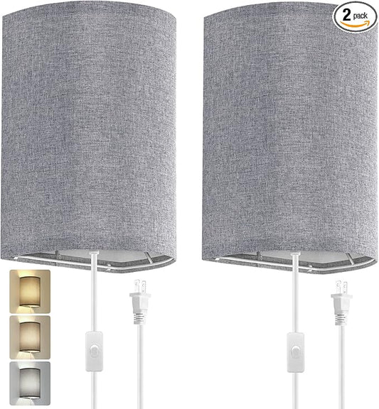 Wall Sconces Set of Two, Fabric Shades Plug in Wall Sconces, 3 Color Temperature Switching Modern Wall Light Fixtures, Wall Lamp with Plug in Cord, On/Off Switch Wall Lights for Bedroom Porch (Grey)