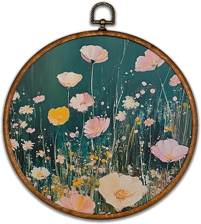 KSDUT Retro Aesthetic Floral Green Wall Art Decor - Botanical Neutral Mid Century Modern Wall Art Canvas Frame Hanging Prints, Vintage Landscape Round Wall Art Decor for Home Decorations 10"x10"