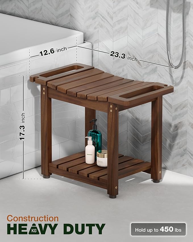 BLUEWEST Shower Bench Seat with Storage Shelf, Natural Wood Shower Benches for Inside Shower to Sit on, Waterproof Bathroom Spa Bench Stool for Legs Shaving with Built-in Handle & Shower Head Holder
