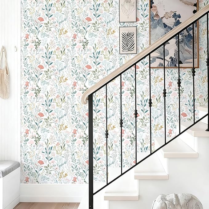 Floral Peel and Stick Wallpaper Boho Floral Contact Paper 16.9" x 118.1" Modern Wildflower Self Adhesive Wallpaper for Bathroom Flower Decorative Removable Wall Paper for Bedroom Cabinets