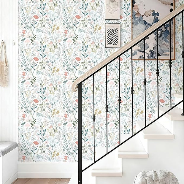 Floral Peel and Stick Wallpaper Boho Floral Contact Paper 16.9" x 118.1" Modern Wildflower Self Adhesive Wallpaper for Bathroom Flower Decorative Removable Wall Paper for Bedroom Cabinets