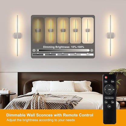 Battery Operated Wall Sconces Set of 2, Dimmable Battery Wall Sconce with Remote Control, Sand-Nickel LED Rechargeable Sconces, 30 Inch Modern Wireless Wall Lights for Bedroom, Living Room