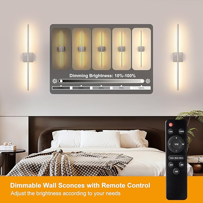 40 Inch Sand-Nickel Battery Operated Wall Sconces Set of Two, Dimmable Wall Sconces with Remote Control, Rechargeable Sconces, LED Wireless Wall Lights for Bedroom, Living Room, Bathroom