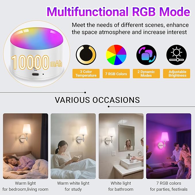 Battery Operated Wall Sconces Set of Two, Rechargeable Wireless Wall Lights with 10000mAh RGB Dimmable Detachable Bulb, Battery Sconces Wall Decor with Remote for Bedroom Living Room Hallway