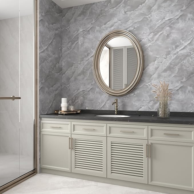 JSEVEM 24"×354" Large Wide Thick Grey White Cloud Pattern Marble Wallpaper Peel and Stick Waterproof Glossy Textured Gray White Marble Contact Paper Removable Wall Tile Sticker for Bedroom Living Room