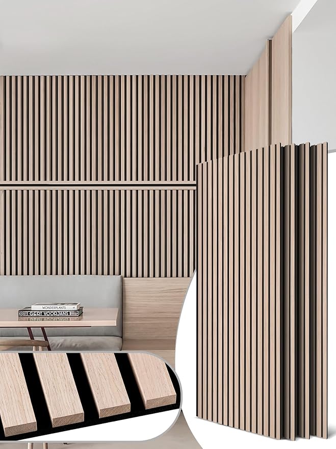 Mollywell Wood Panels for Wall, Time-Saving Installation, Versatile Wood Slat Wall Decor, Enhanced Acoustic & Sound Proof Fluted Design for Home & Office, 4 Pcs White Oak, 47.2x23.6 Inch