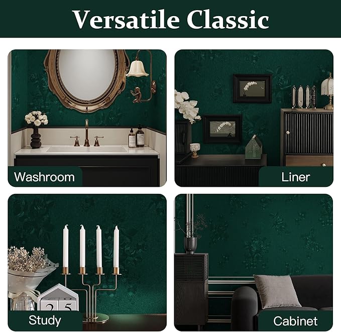 Dimoon 17.7''x393.7''Green Peel and Stick Wallpaper Gothic Floral Wall Paper Contact Paper Closeout Renter Friendly Modern Self Adhesive(393.7''x17.7'', Blackish Green Floral Textured)