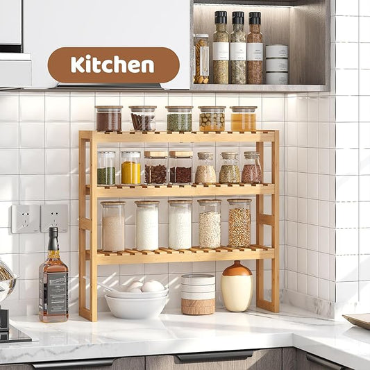 FILWH Bamboo Organizer Rack - Adjustable 3-Tier Storage Shelf, Wall Mounted or Over The Toilet, Living Room, Kitchen (Natural)