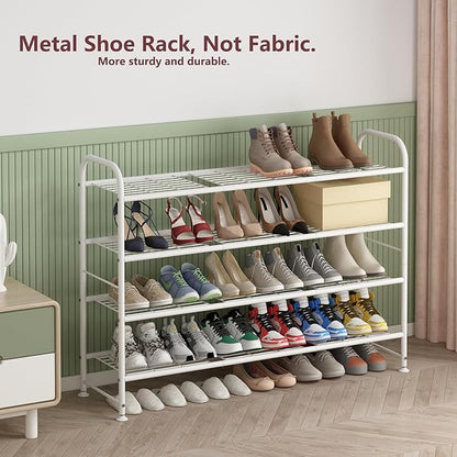 LINZINAR Shoe Rack Long 4 Tier Shoe Storage Organizer Metal Wide Shoe Shelf for Closet Entryway Bedroom 30 Paris Large Capacity, White