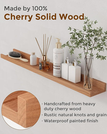 Axeman Cherry Picture Ledge Shelf, 55 Inch Floating Shelves Set of 2, Solid Wood Wall Shelves with Lip, Wall Decor Storage for Bedroom Living Room Bathroom Kitchen Nursery Photo, Natural Cherry