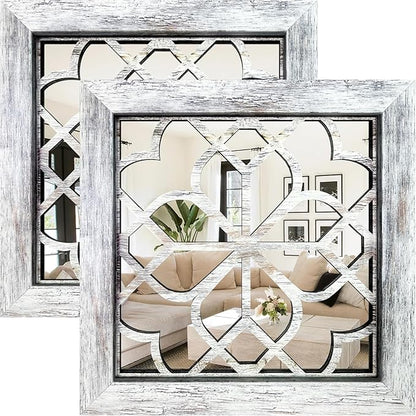 Boho Wall Mirror Decor, Set of 2 Rustic Farmhouse Accent Mirror 12x12 Inch, Square Shatterproof Vintage Style Mirrors for Wall, Small Decorative Mirrors for Living Room, Bedroom(Grey)