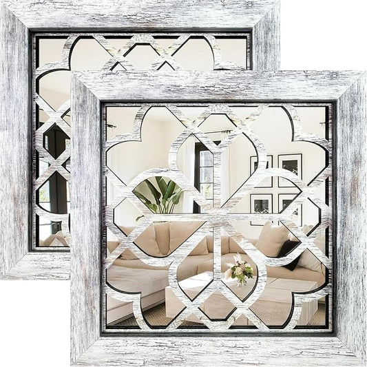 Boho Wall Mirror Decor, Set of 2 Rustic Farmhouse Accent Mirror 12x12 Inch, Square Shatterproof Vintage Style Mirrors for Wall, Small Decorative Mirrors for Living Room, Bedroom(Grey)