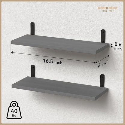 RICHER HOUSE Rustic Wood Bathroom Shelves Set of 2, Farmhouse Style Floating Shelf for Wall Décor, Hanging Shelves for Bedroom, Storage, Kitchen, Living Room - Grey
