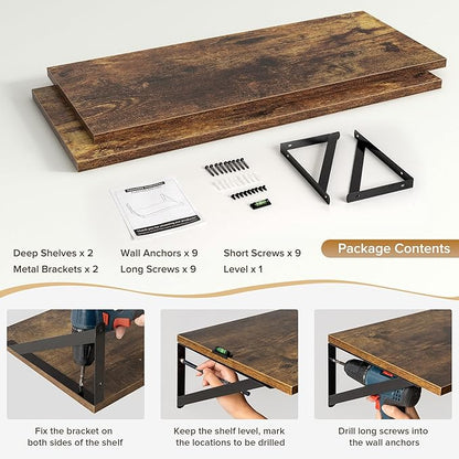 Deep Floating Shelves Wall Mounted, 30"x12" Brown Wood Shelves with Brackets Set of 2 for Bedroom, Living Room, Bathroom, Kitchen, Office - Storage & Display Shelf for Decor, Books, Plants