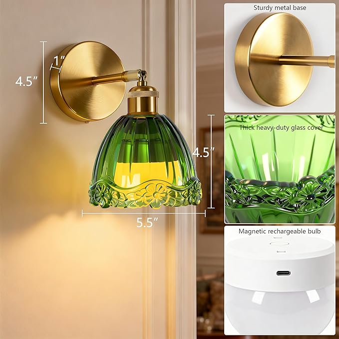 Vintage Battery Operated Wall Sconce with Green Flower Crown Glass Lampshade Rechargeable Battery Powered Wall Light with Remote Control for Bedside Bedroom Bathroom, Set of 2