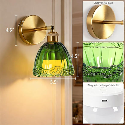 Vintage Battery Operated Wall Sconce with Green Flower Crown Glass Lampshade Rechargeable Battery Powered Wall Light with Remote Control for Bedside Bedroom Bathroom, Set of 2