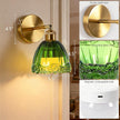 Vintage Battery Operated Wall Sconce with Green Flower Crown Glass Lampshade Rechargeable Battery Powered Wall Light with Remote Control for Bedside Bedroom Bathroom, Set of 2