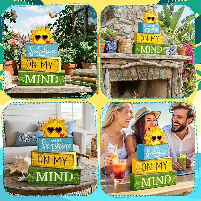 4 Pcs Summer Table Decor Wooden Sunshine Beach Tiered Tray Decor Rustic Farmhouse Sunshine Block Signs Gifts Summer Table Centerpieces for Home Kitchen Coffee Bar Shelf Office Decorations