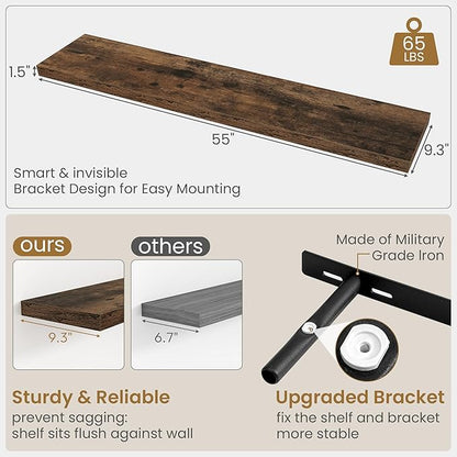 55 Inch Long Floating Shelves for Wall Set of 2, 55x9.3 Large Floating Shelf for Bedroom, Kitchen, Bathroom, Wall Mounted Rustic Wood Shelves with Invisible Bracket for Books, Decor, Rustic Brown